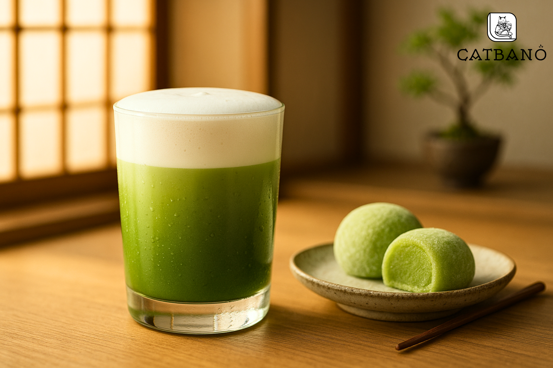 Ly matchalate xanh mướt đặt cạnh bánh mochi hoặc bánh matcha, không gian Nhật Bản tinh tế