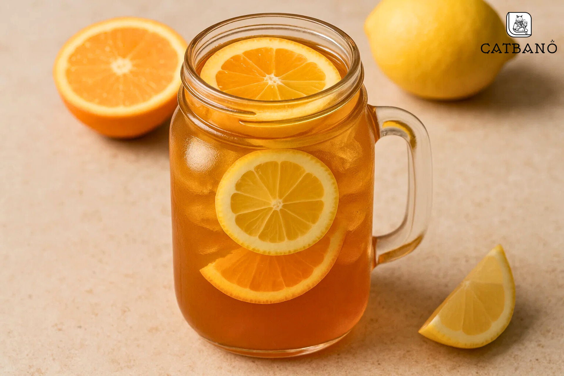 Ly trà Oolong cam quýt với lát cam, chanh nổi trên mặt.