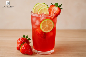 Ly trà Oolong dâu tây với màu đỏ hồng tươi, thêm vài lát chanh và dâu trang trí..