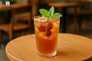 Ly trà Oolong nho tươi trang trí với lá bạc hà.