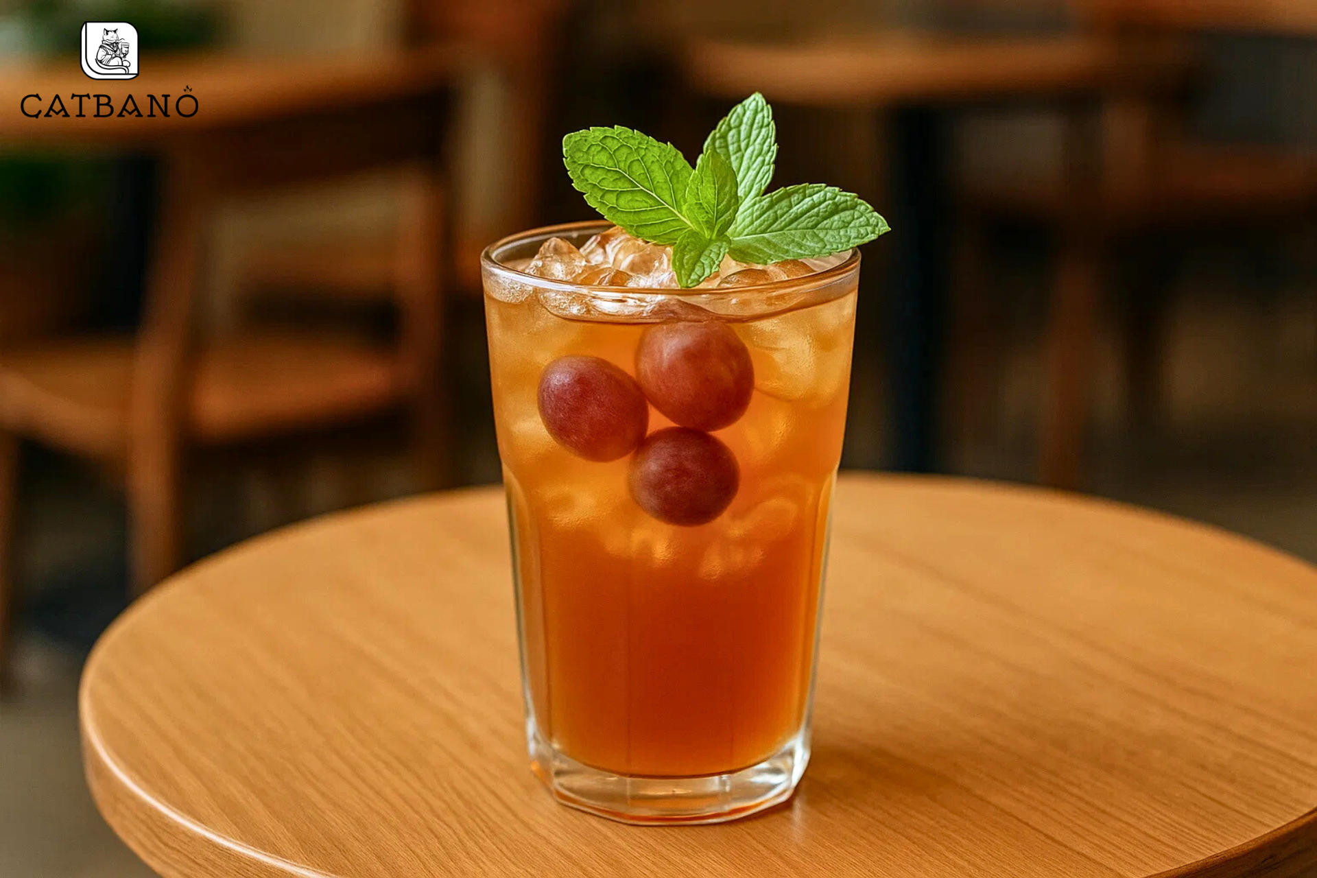 Ly trà Oolong nho tươi trang trí với lá bạc hà.