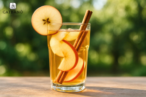 Ly trà Oolong táo trong suốt, có lát táo và thanh quế trang trí.