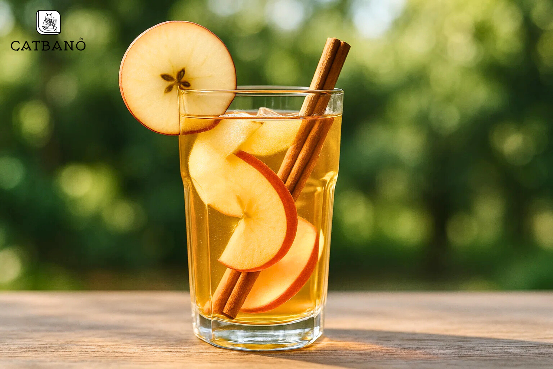 Ly trà Oolong táo trong suốt, có lát táo và thanh quế trang trí.