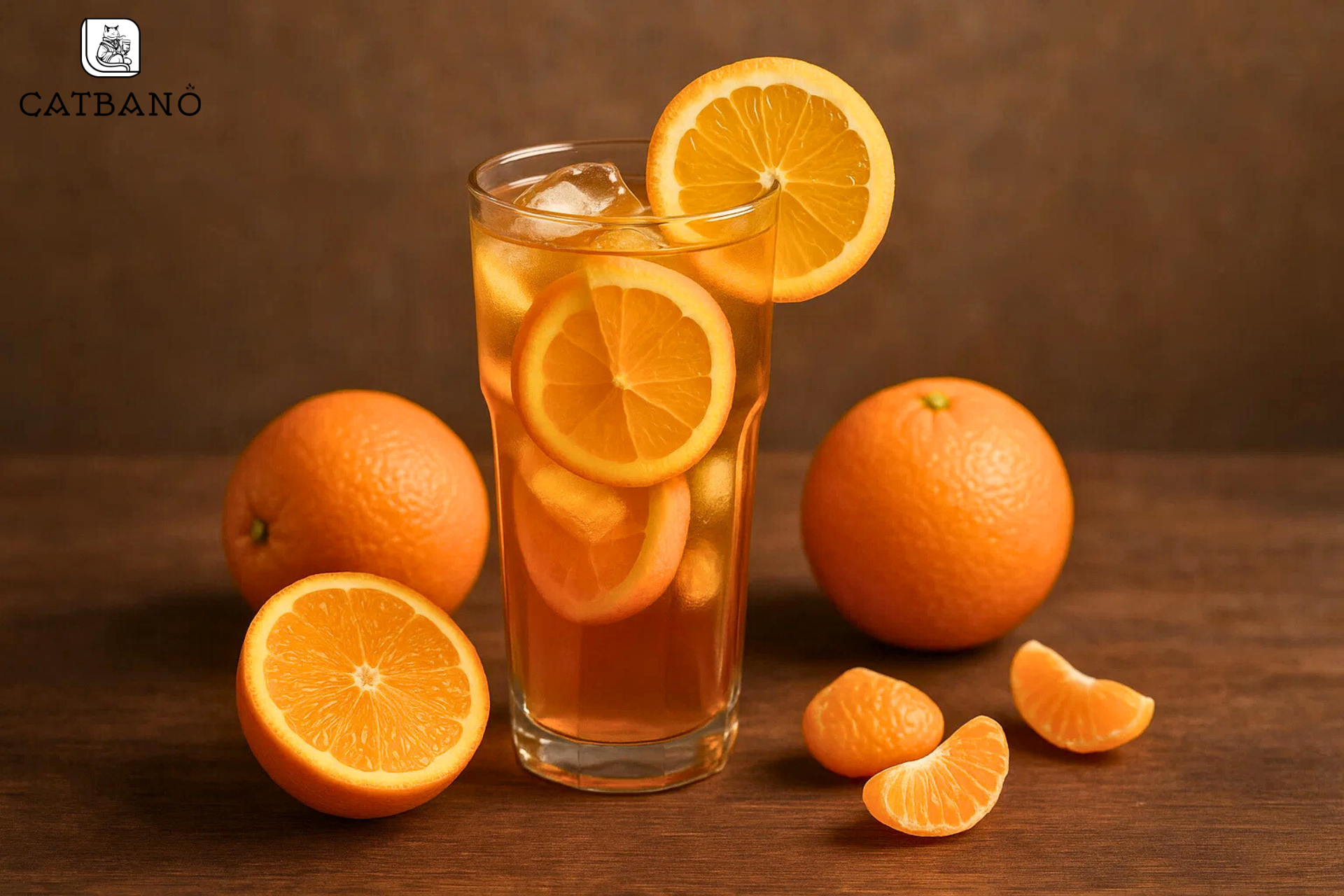 Ly trà Oolong với cam quýt tươi xếp quanh ly..