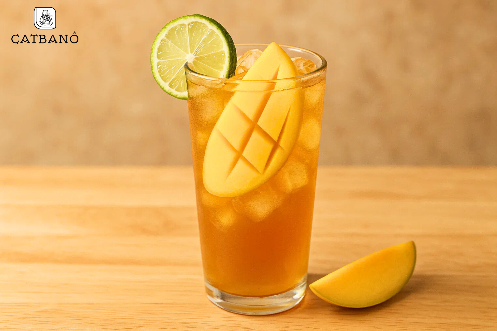 Ly trà Oolong xoài vàng óng, trang trí lát xoài chín và chanh.