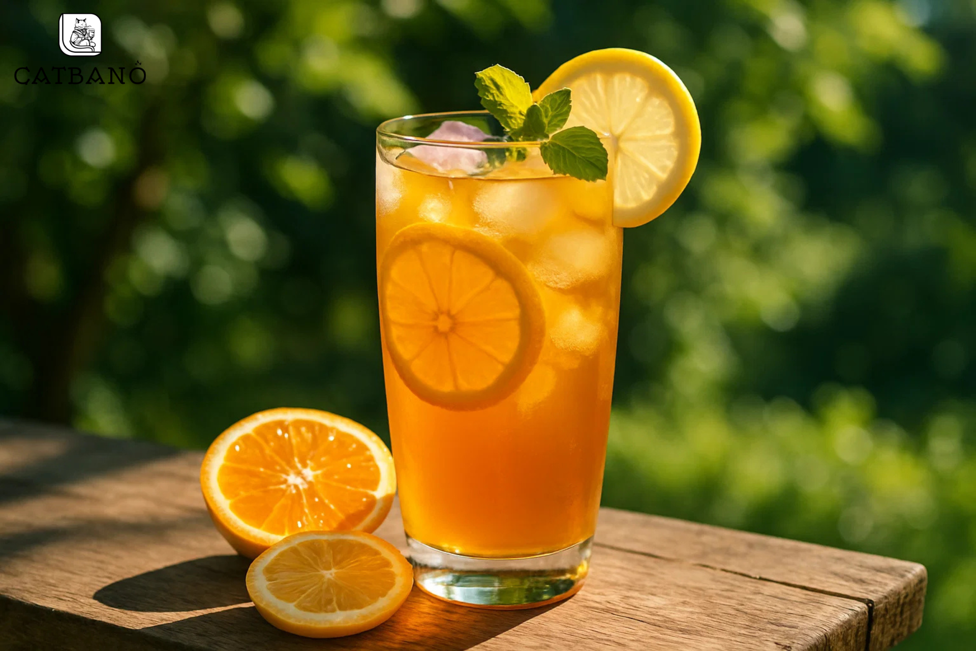 Ly trà cam quýt chụp ngoài trời dưới ánh nắng.