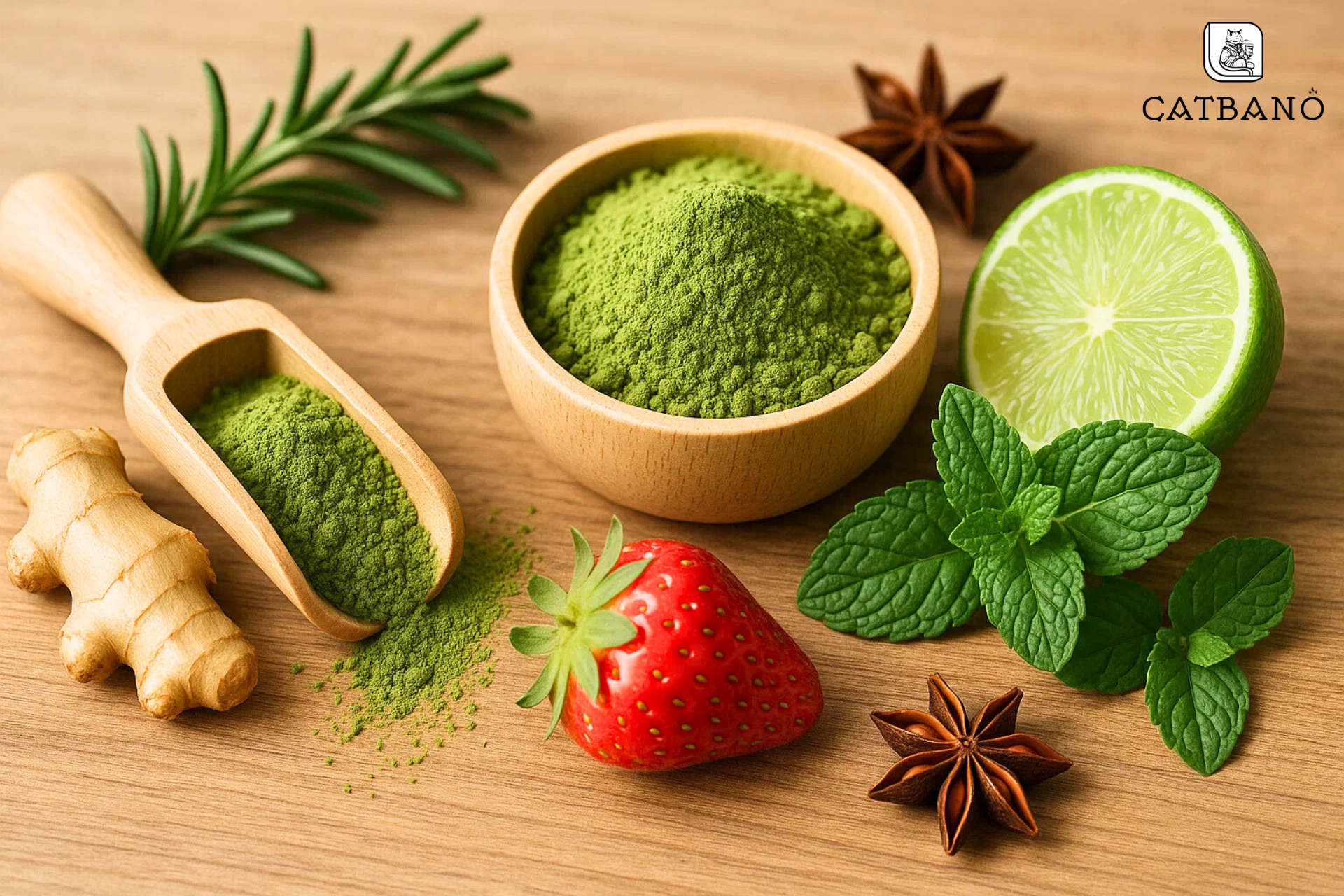 Matcha Oolong dạng bột và trái cây thảo mộc tươi đặt cùng trong một concept pha chế.