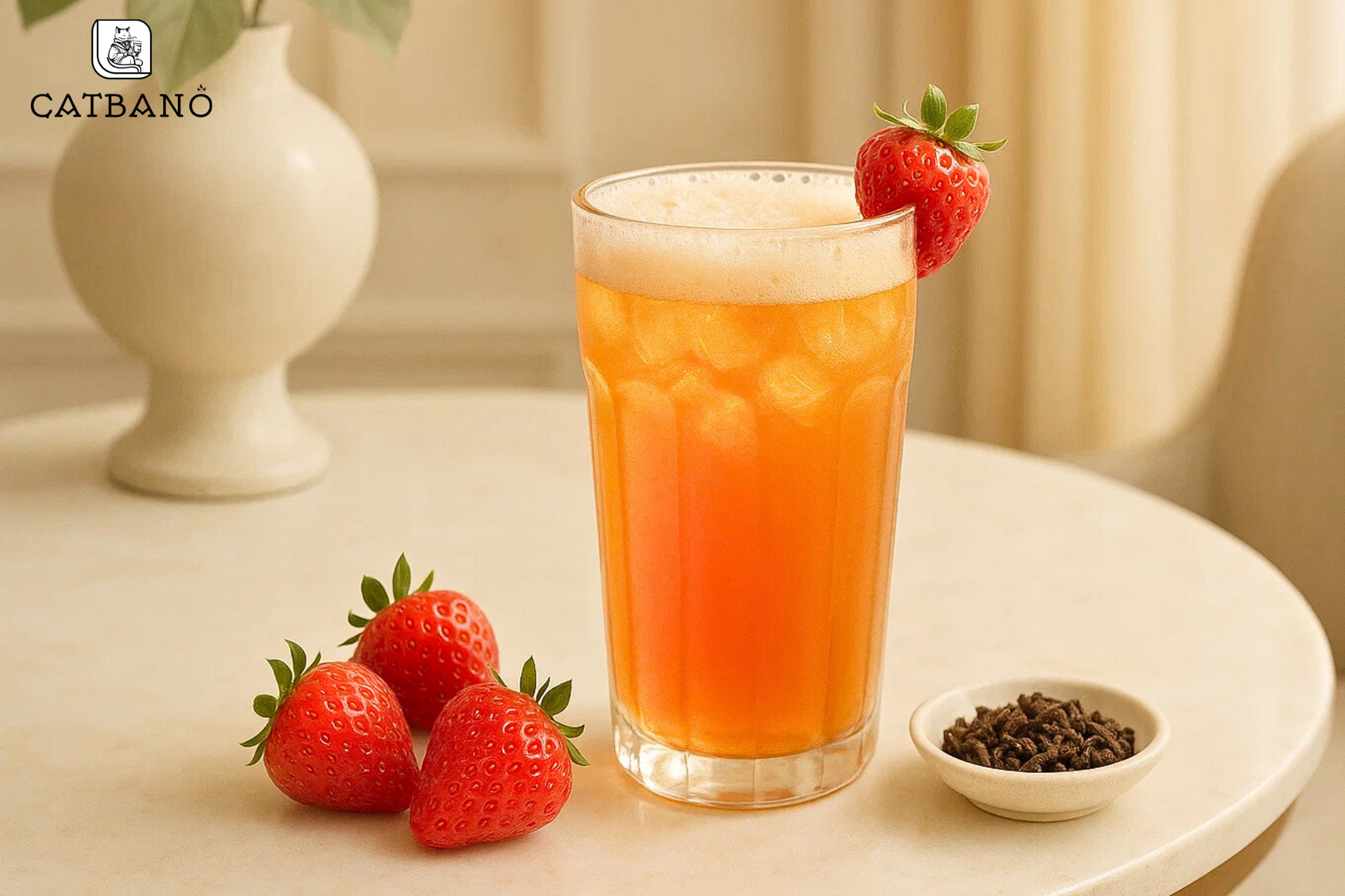 Minh họa ly trà Oolong dâu tây trong không gian sang trọng, tông màu nhẹ nhàng.