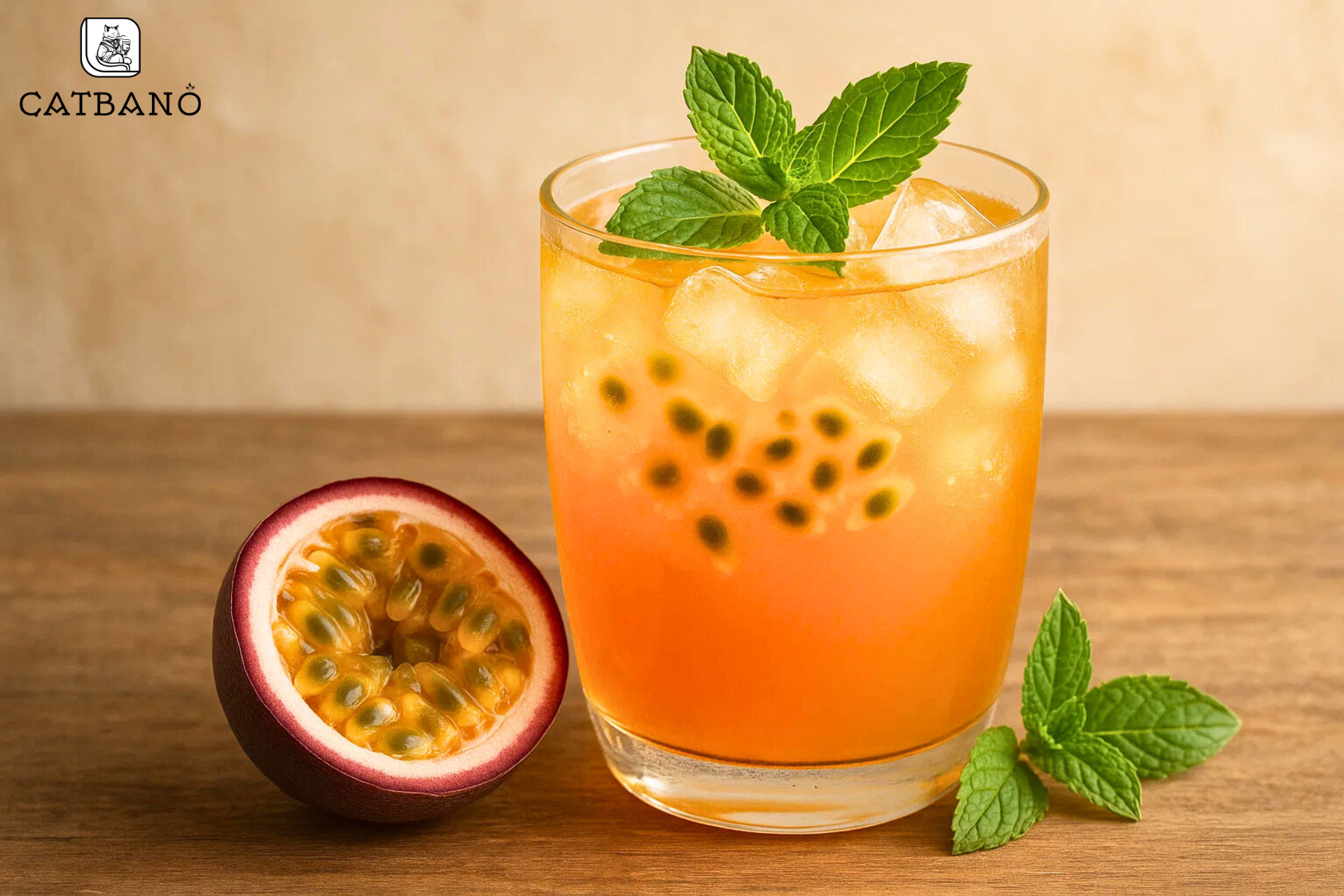 Minh họa nghệ thuật ly trà Oolong chanh leo với đá viên trong suốt, thêm bạc hà xanh