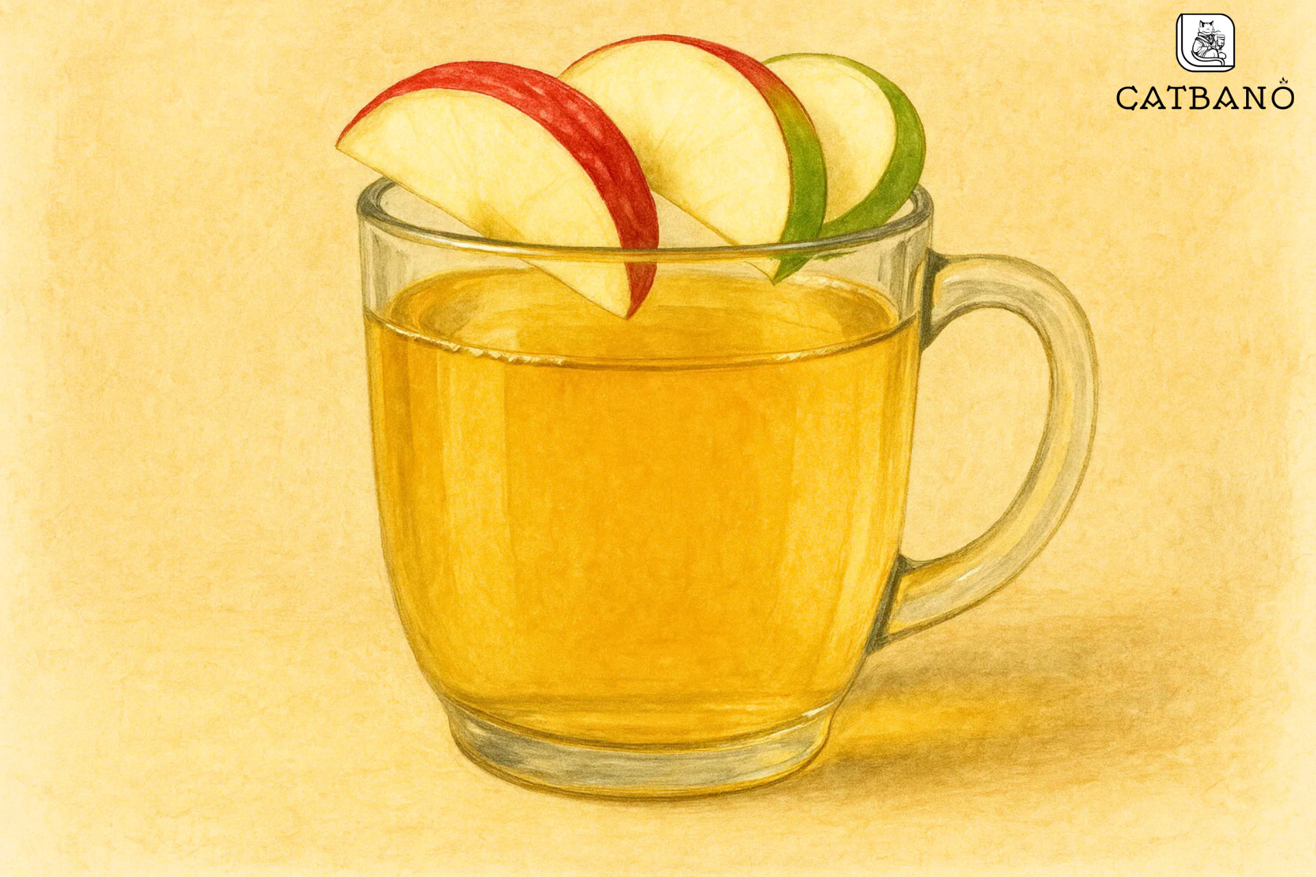 Minh họa nghệ thuật ly trà Oolong táo với màu vàng nhạt, vài lát táo đỏ xanh trên miệng ly