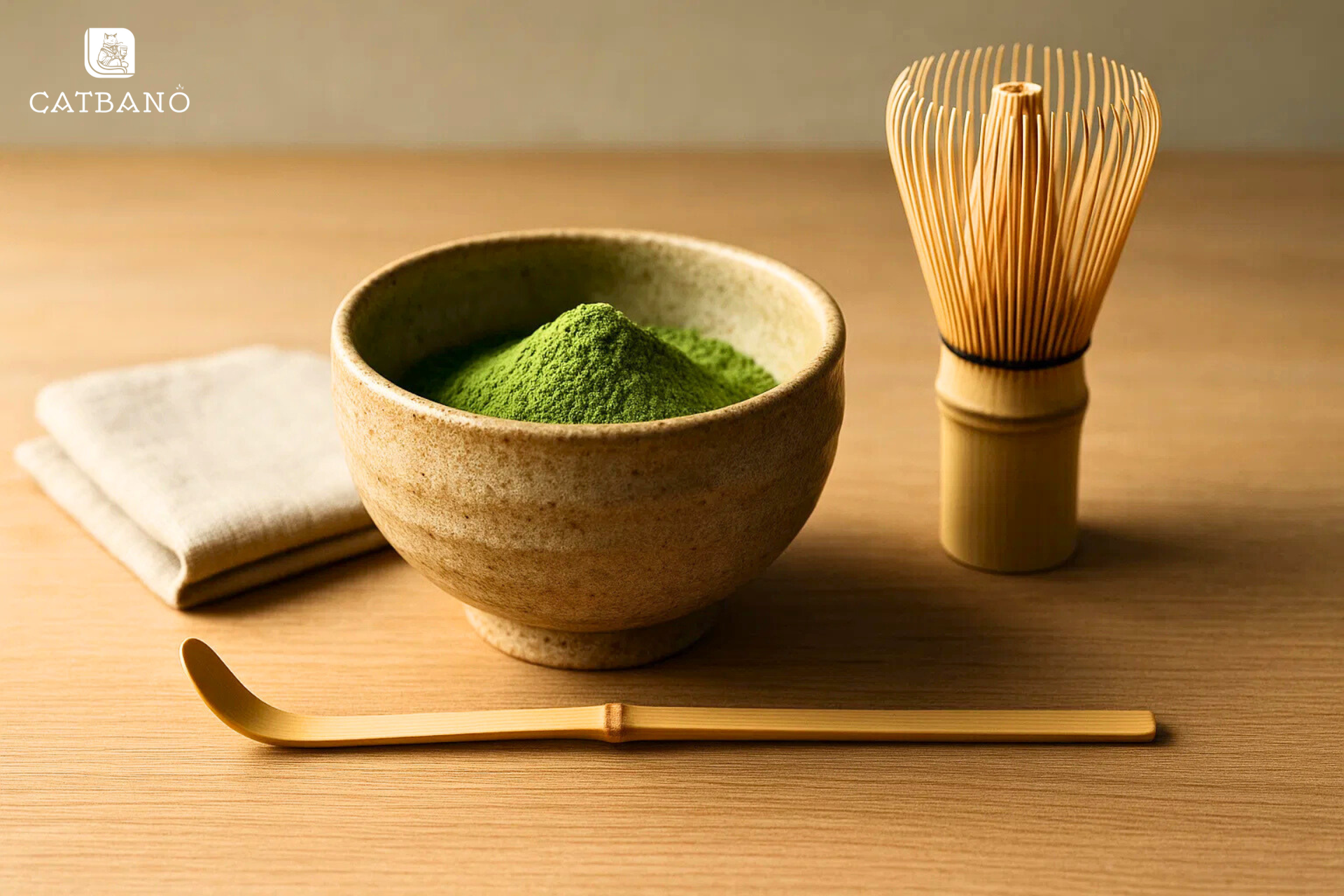 Một bộ dụng cụ trà đạo Nhật Bản (chawan, chasen, chashaku) đặt gọn gàng trên nền gỗ.