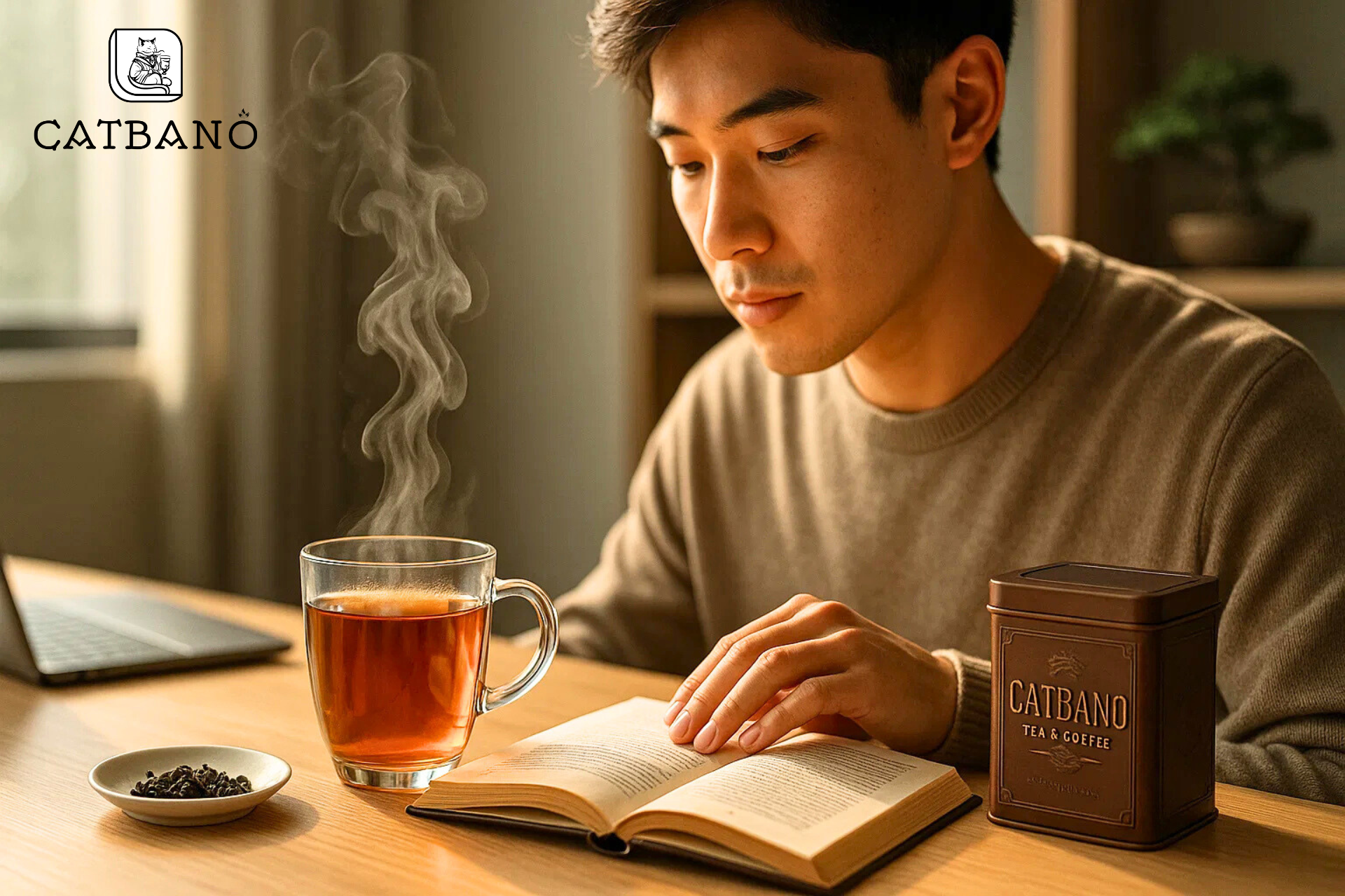 Người thưởng trà Oolong trên bàn làm việc, đọc sách, ánh sáng tự nhiên dịu nhẹ, thư thái