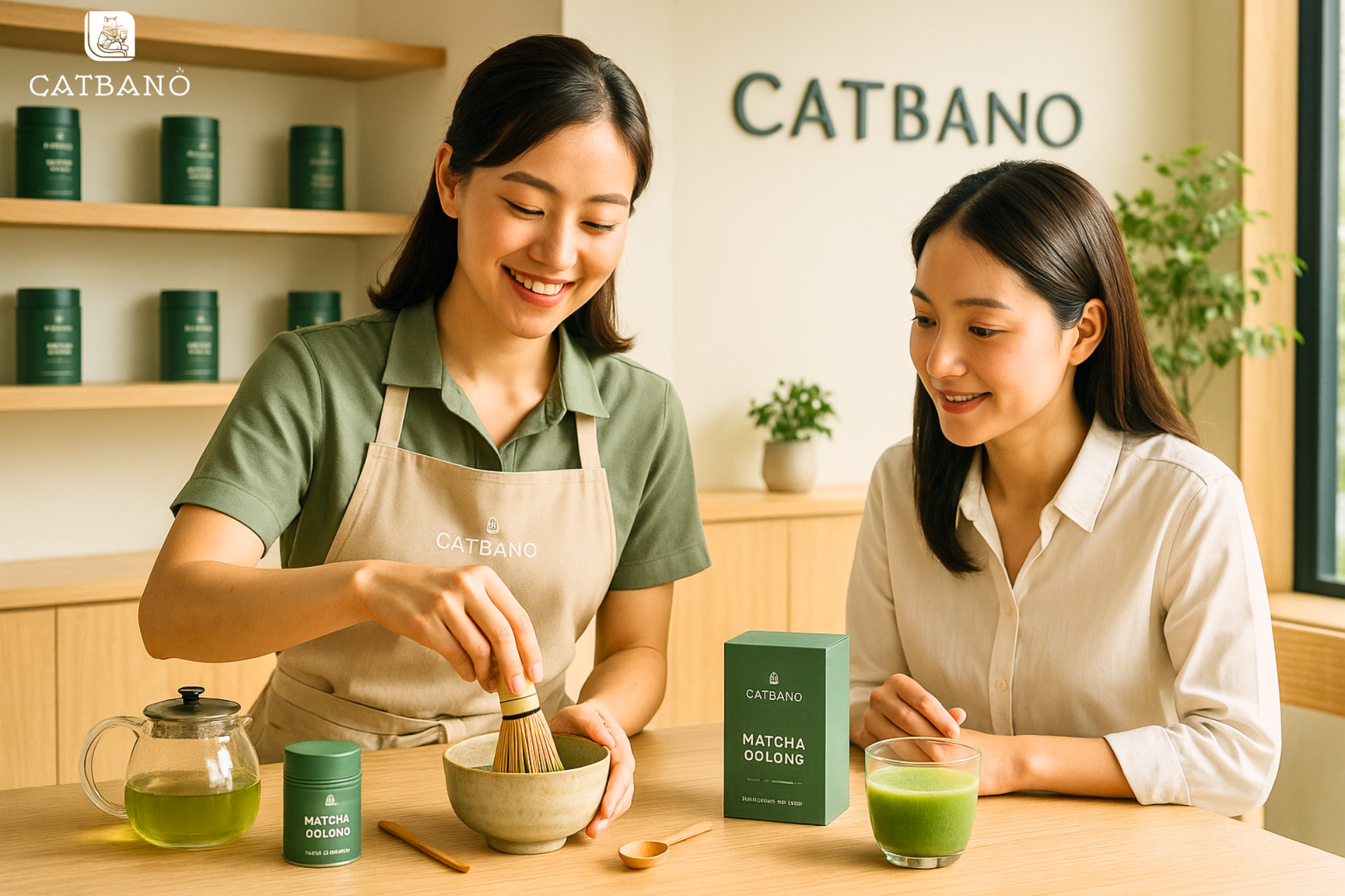 Khách hàng thưởng thức nước detox Matcha Oolong tại showroom.