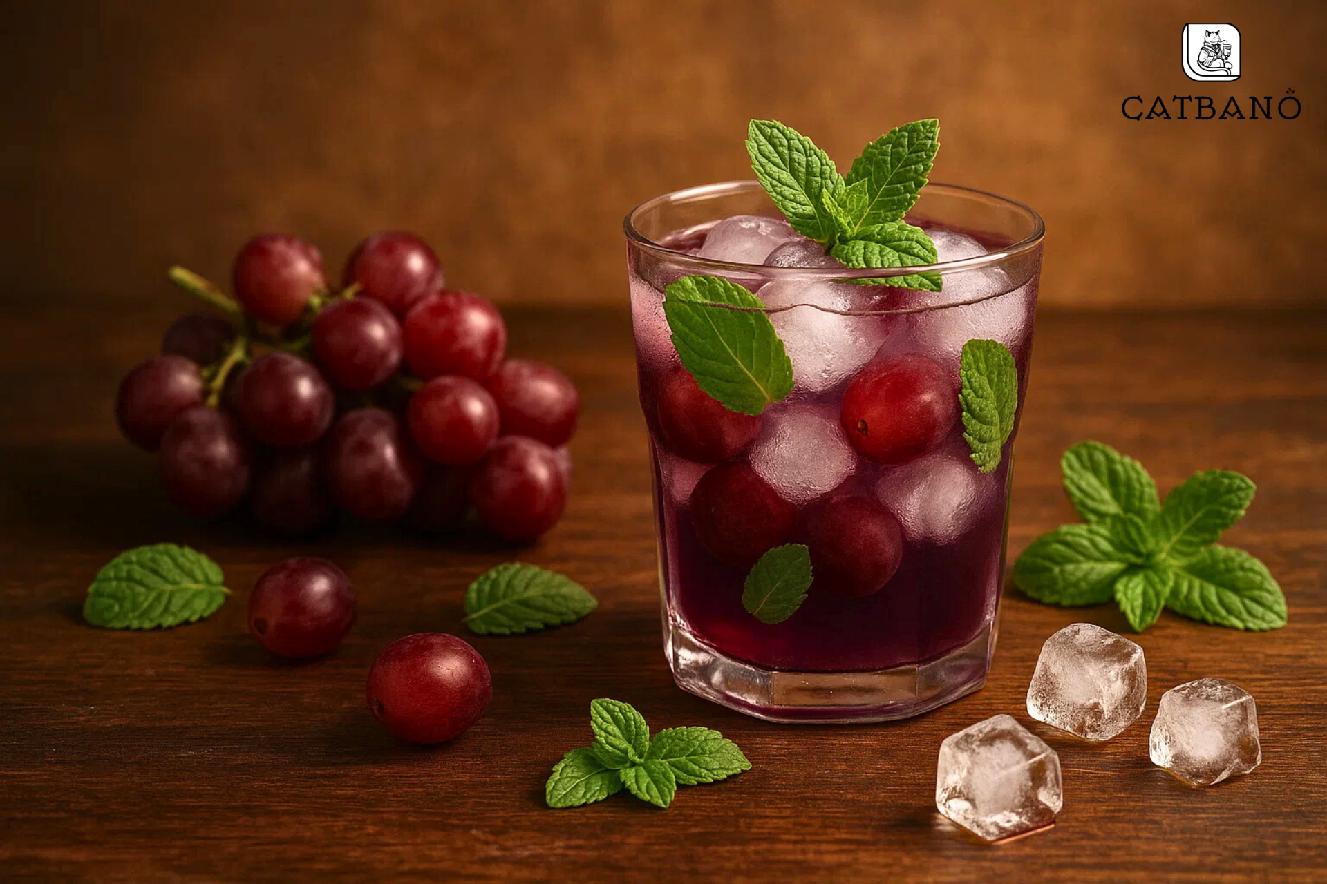 Phối cảnh ấm cúng với nho, lá bạc hà và đá viên làm nổi bật sự mát lành.