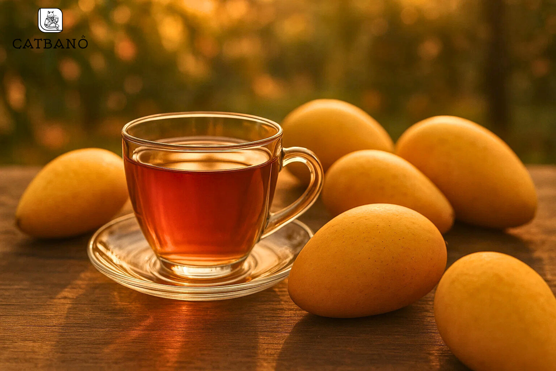 Phối cảnh ngoài trời, ánh sáng vàng ấm, ly trà nổi bật giữa nền xoài chín.