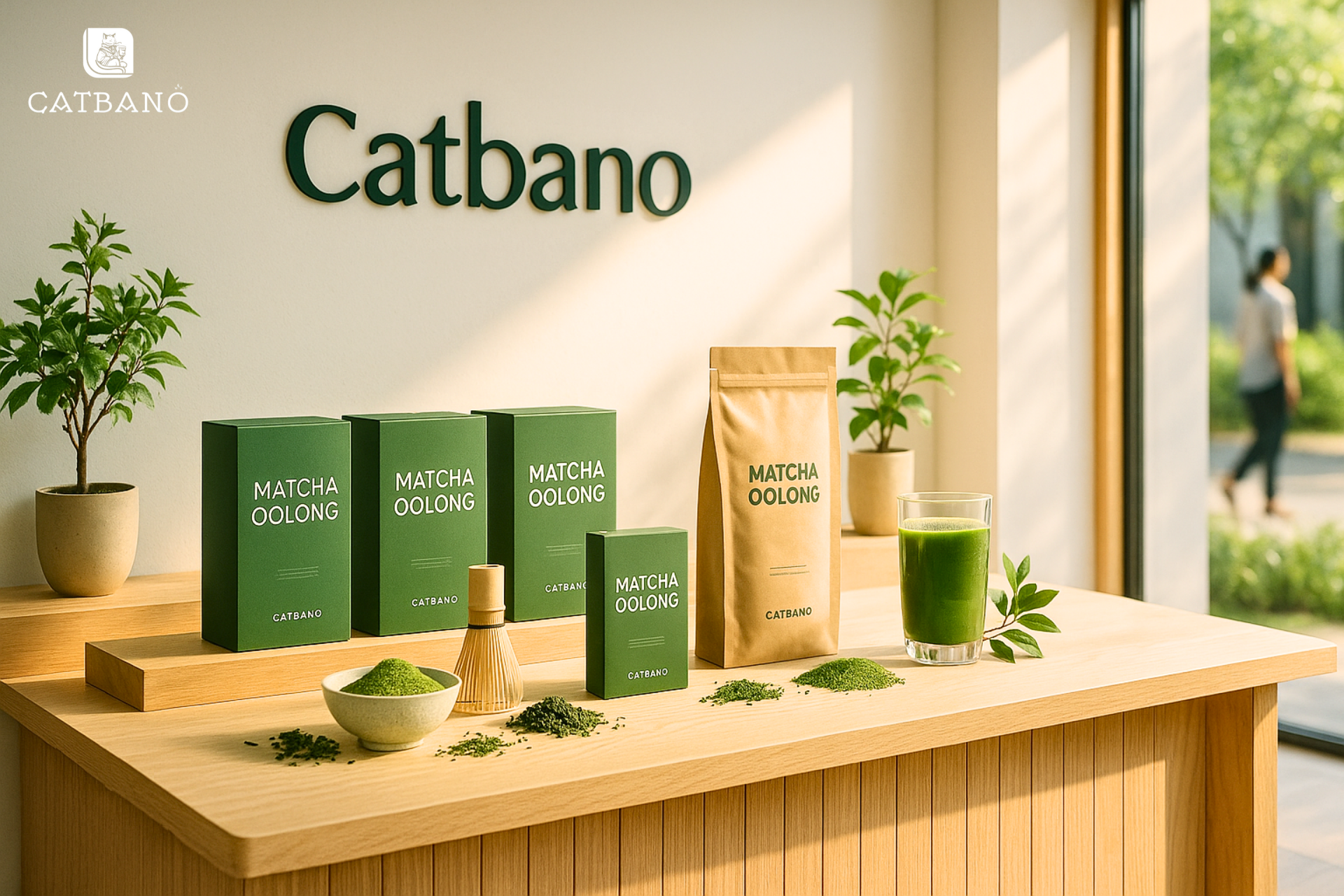 Quầy trưng bày sản phẩm Matcha Oolong trong showroom Catbano.