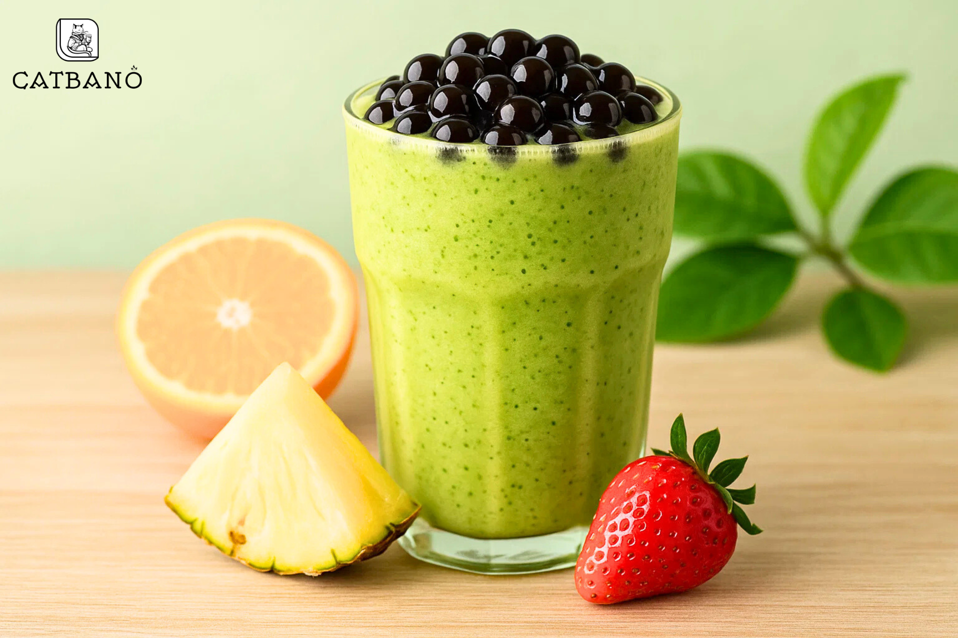 Smoothie trái cây matcha Oolong kèm trân châu, màu sắc tươi mát.