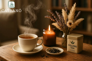 Tách trà Oolong đặt cạnh nến hoặc hoa khô, tạo không gian thư giãn tại nhà