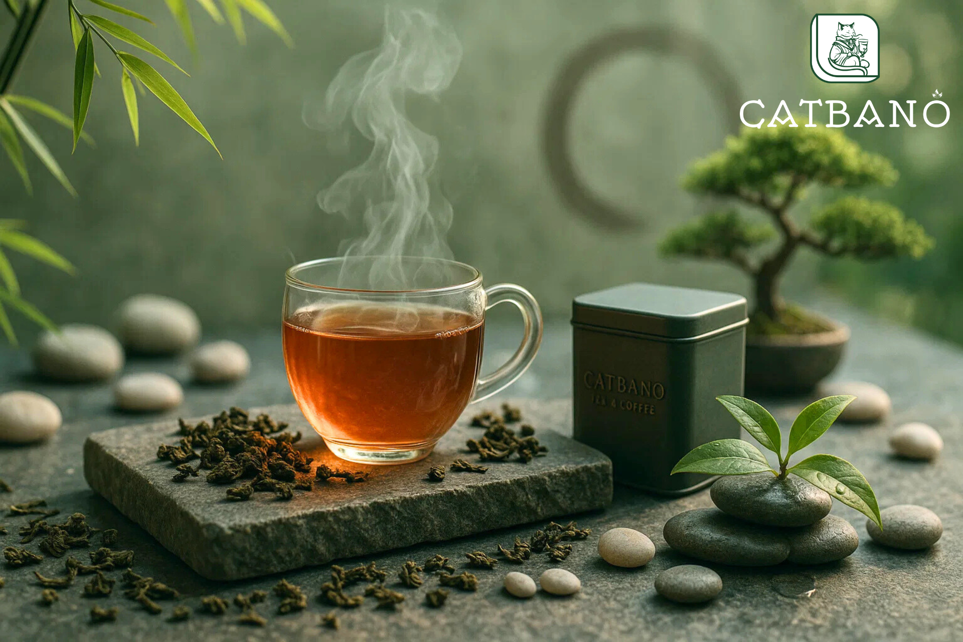 Trà Oolong với các yếu tố thiền như đá, lá trà, cây xanh, biểu tượng tâm trí minh mẫn.