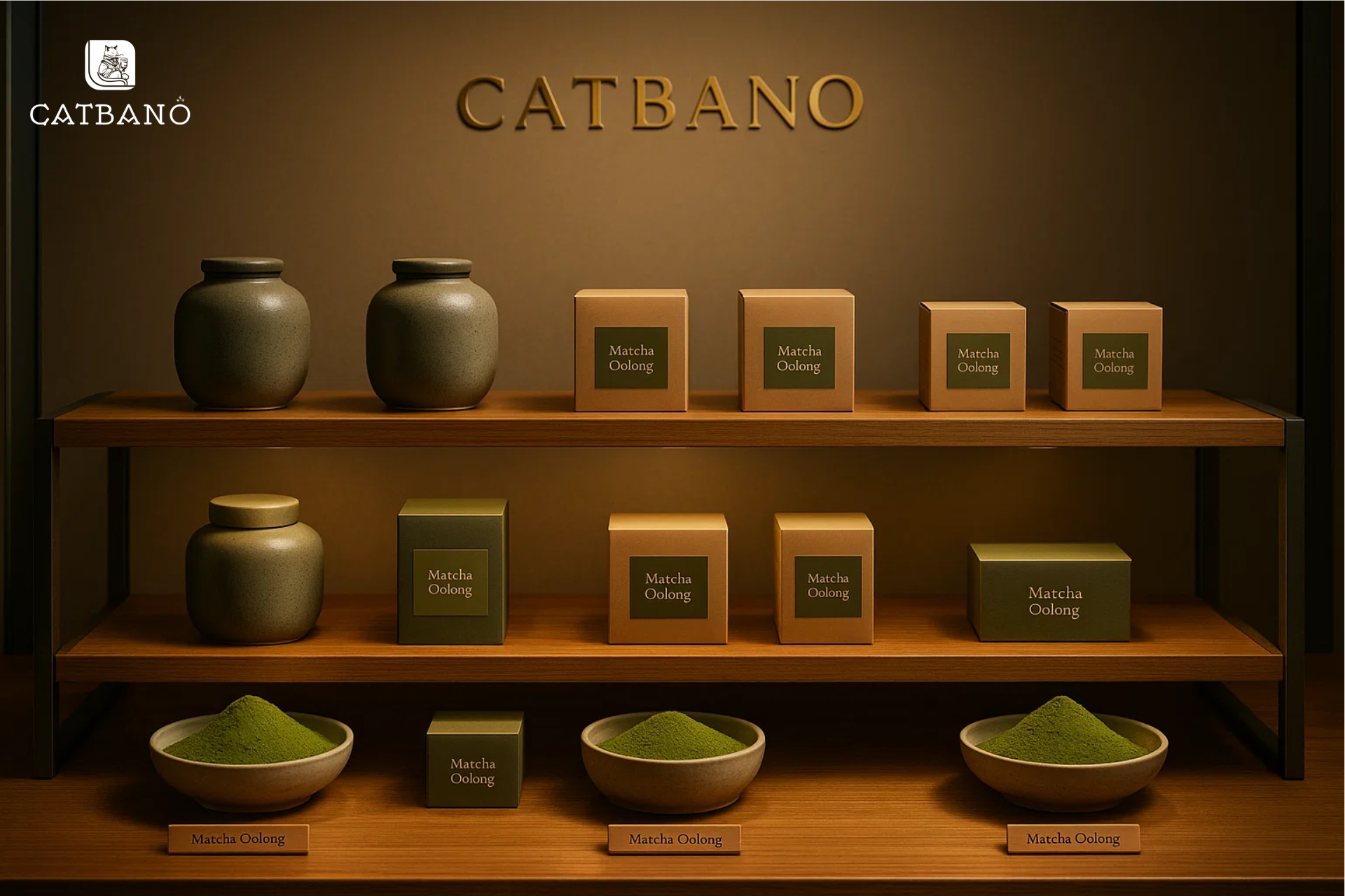 Góc trưng bày sản phẩm Matcha Oolong của Catbano.