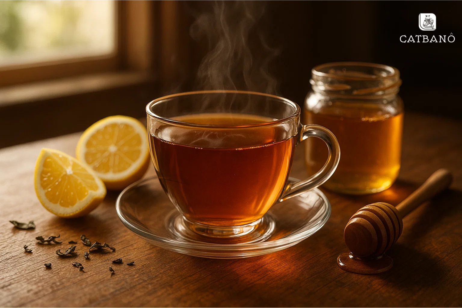 Cốc trà Oolong ấm trên bàn, xung quanh có lát chanh và mật ong, biểu thị sức khỏe và sự bảo vệ tự nhiên.