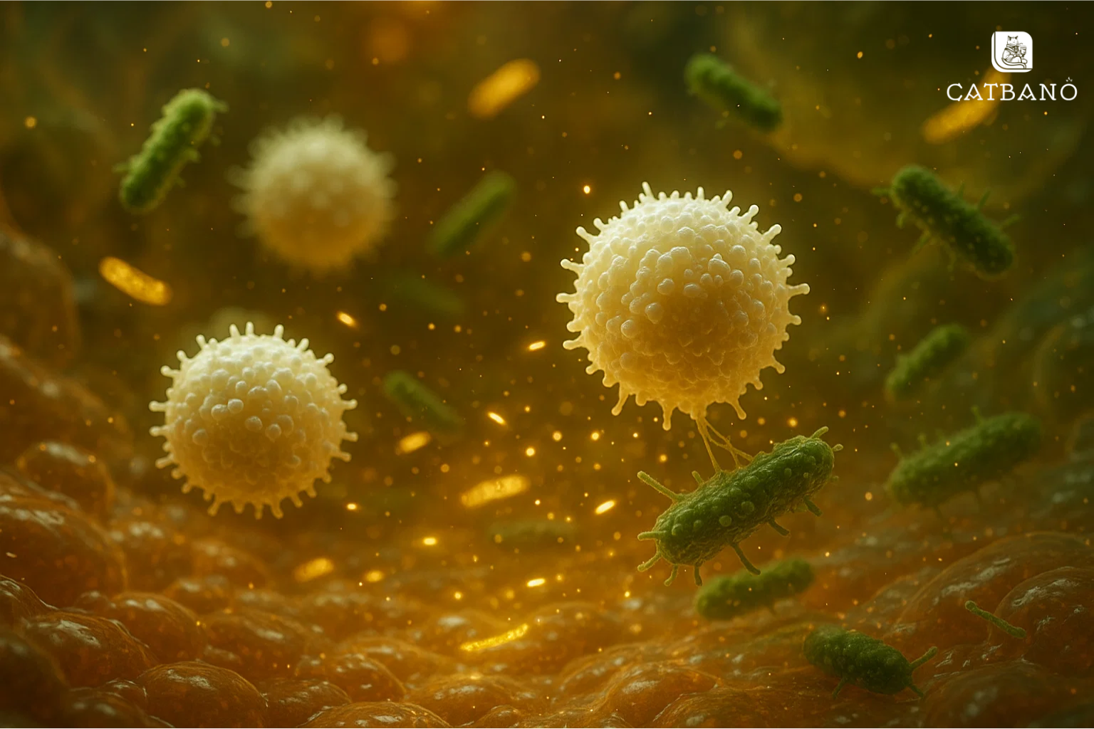 Minh họa hệ miễn dịch được tăng cường với tế bào bạch cầu và polyphenol trong trà Oolong tiêu diệt vi khuẩn.