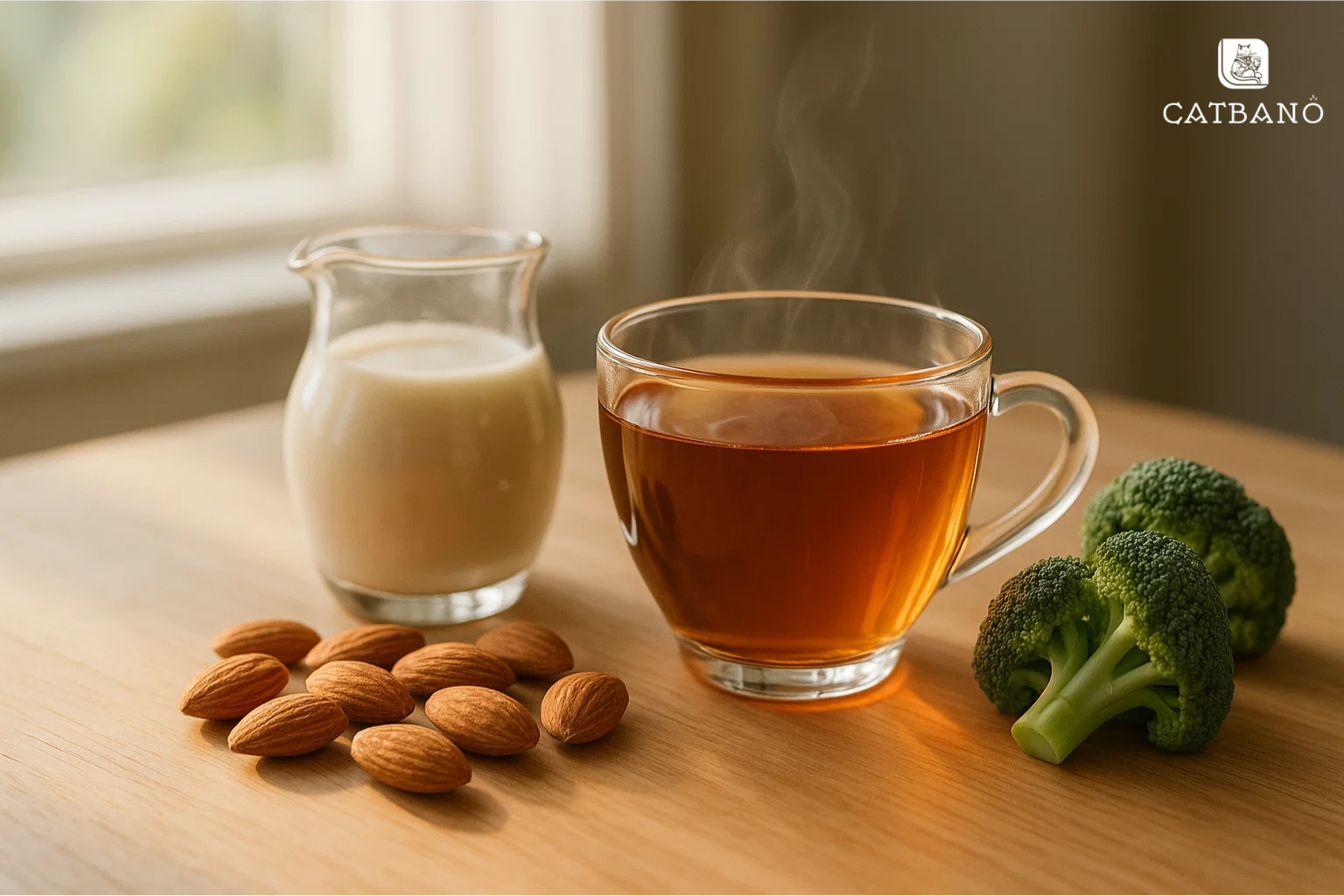 Ly trà Oolong đặt cạnh các thực phẩm giàu canxi như sữa hạnh nhân, hạnh nhân, bông cải xanh.