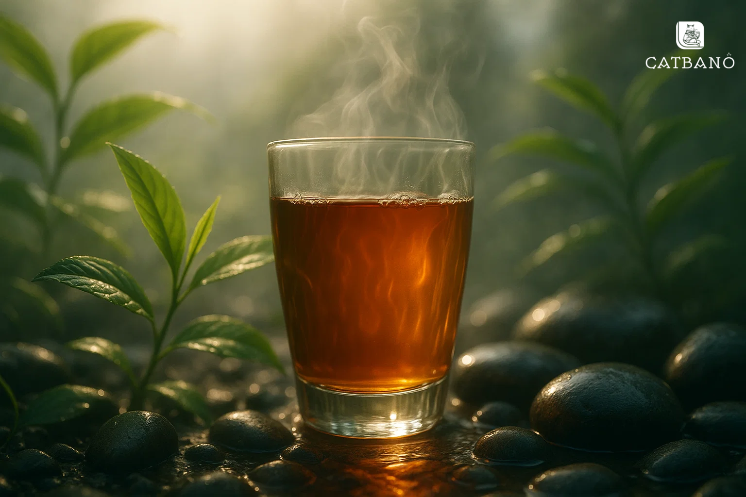 . Ly trà Oolong kèm các yếu tố thiên nhiên như lá trà, đá, ánh sáng dịu nhẹ, tạo cảm giác năng lượng và dẻo dai cho cơ thể.