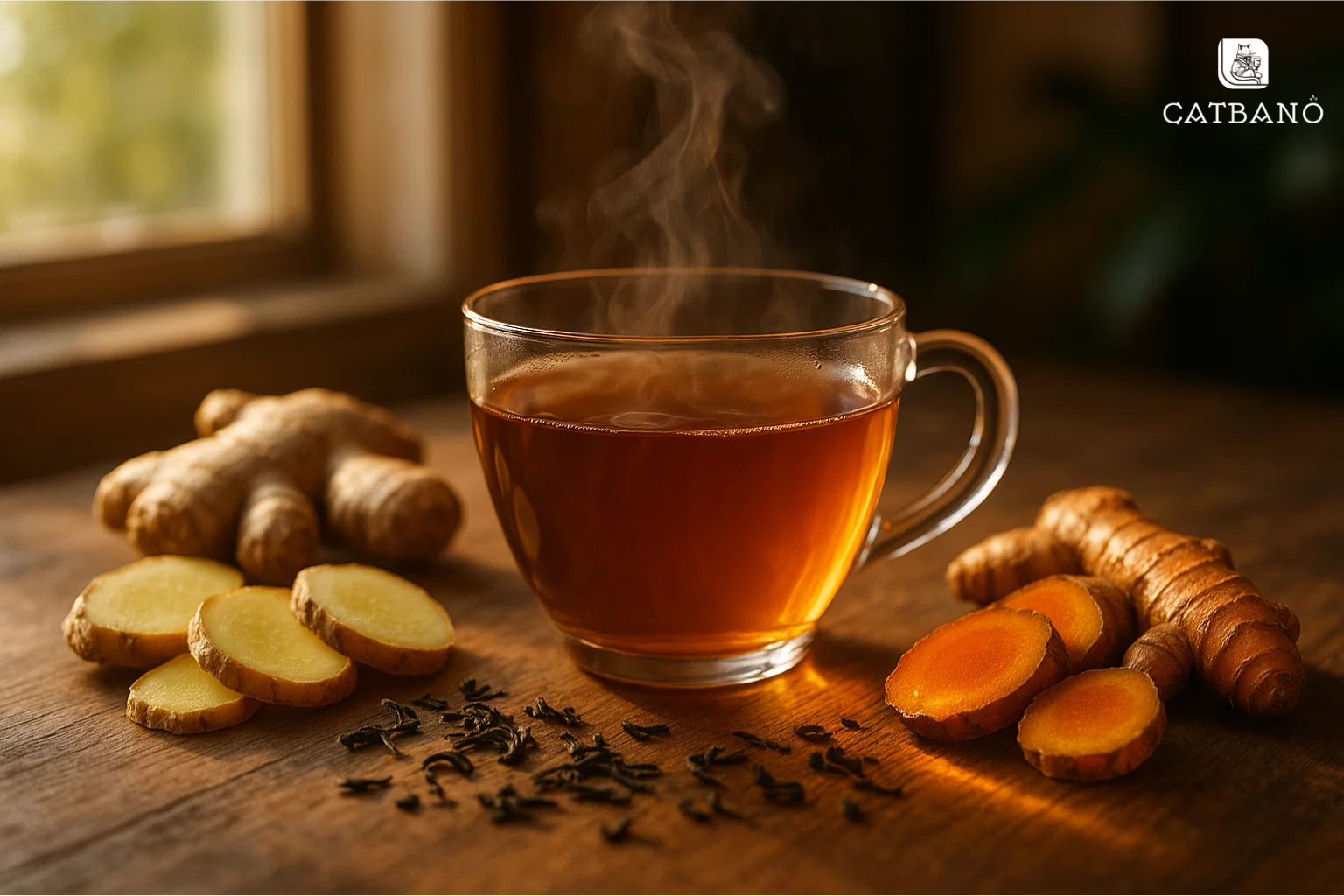 Ly Detox Matcha Oolong Dứa & Gừng, trang trí lát dứa và gừng trên nền sáng.