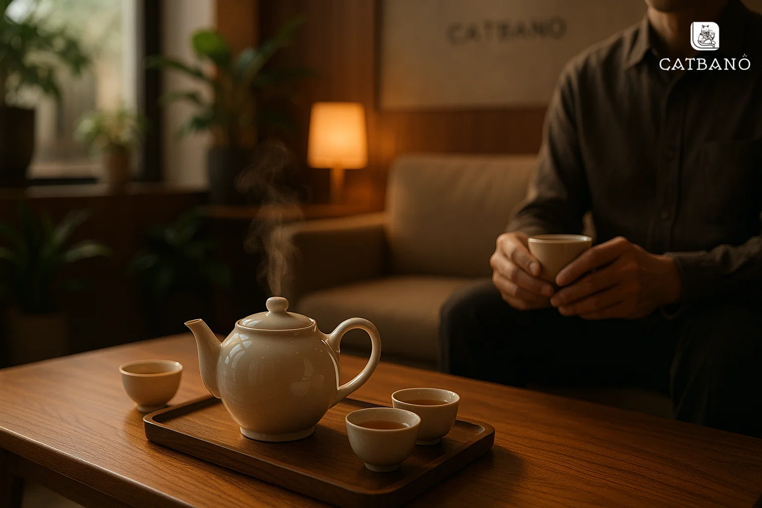 Ấm trà Oolong cao cấp trên bàn tiếp khách, khách đang thưởng trà.