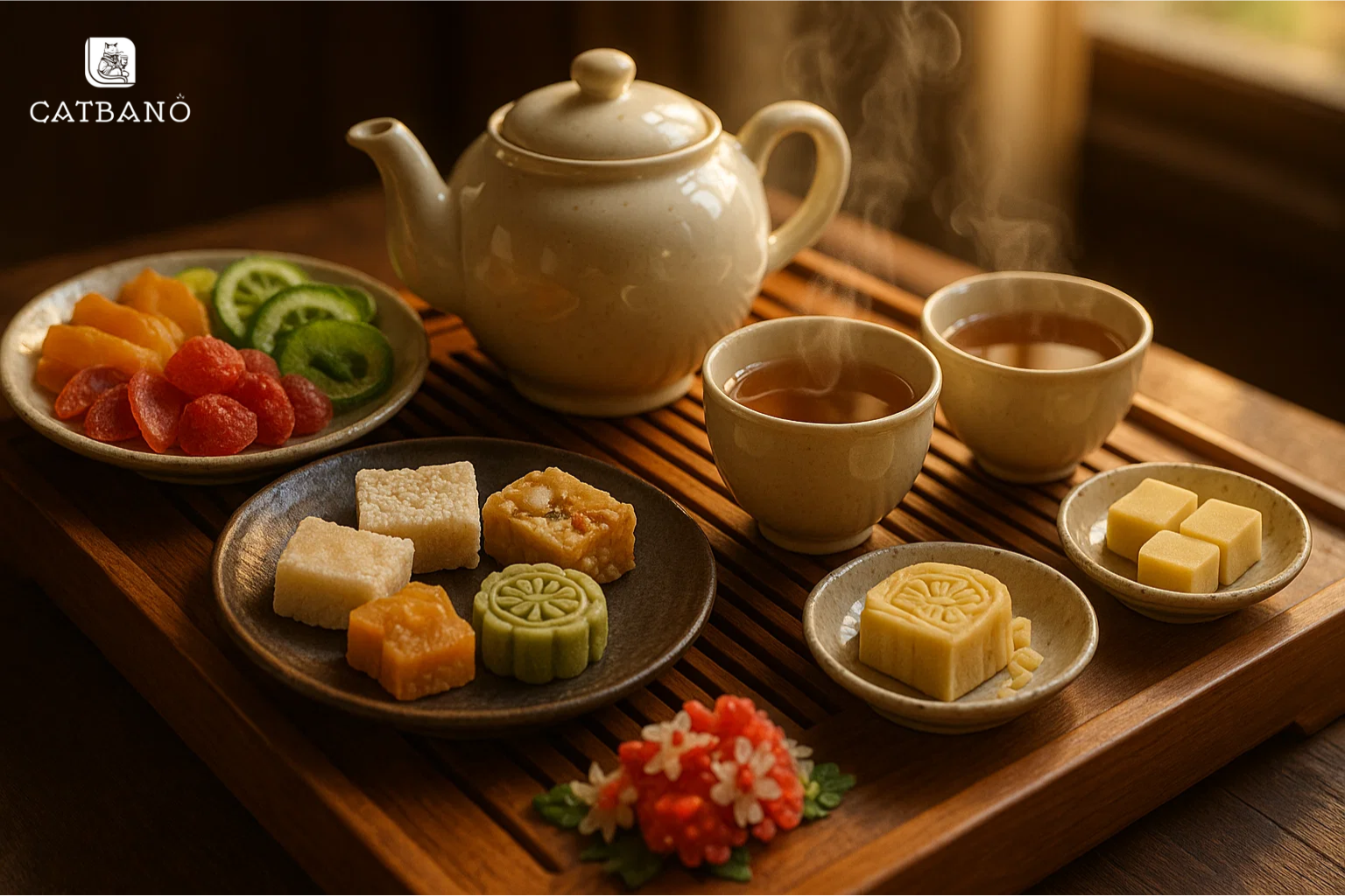 Bộ trà Oolong cùng bánh mứt truyền thống, bày trí tinh tế.