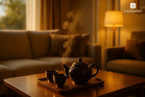 Minh họa không gian tiếp khách hiện đại – ấm trà Oolong với ánh sáng ấm áp.