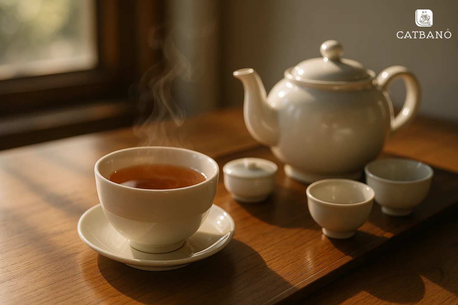 Một tách trà Oolong ấm áp đặt cạnh bộ trà nhỏ, tạo không gian tiếp khách thanh lịch.
