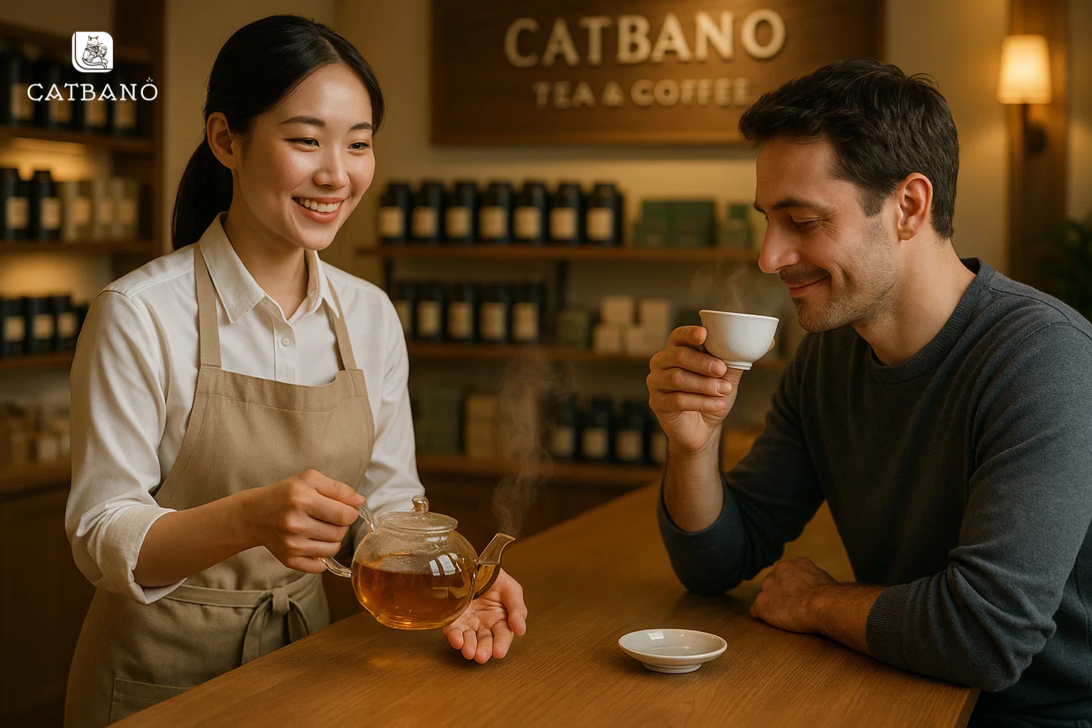 Khách hàng thưởng thức trà Oolong, tương tác với nhân viên tư vấn.