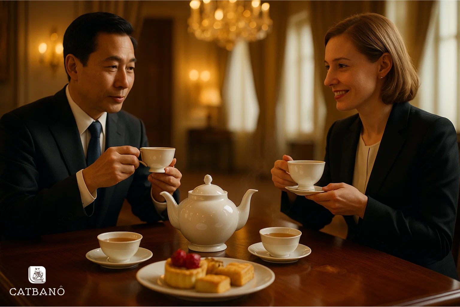 Bộ trà Oolong cao cấp trên bàn, có bánh ngọt, tạo không gian tiếp khách trang nhã.