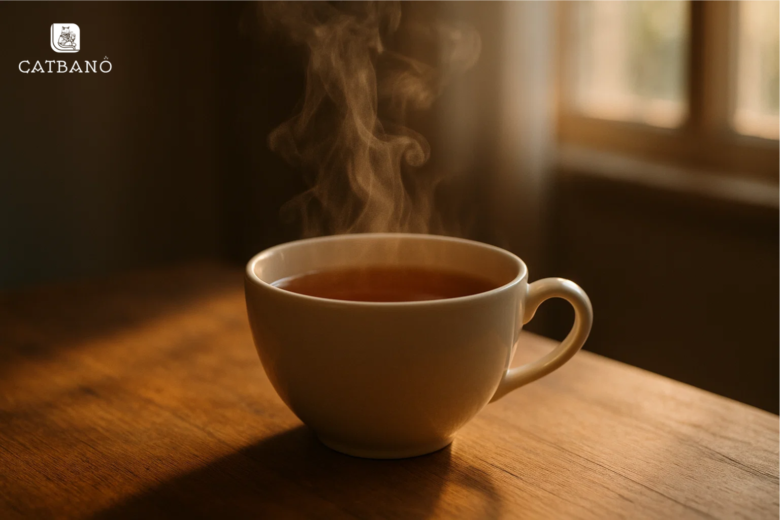 Chén trà Oolong tỏa khói trong ánh sáng nhẹ tạo cảm giác thân thiện