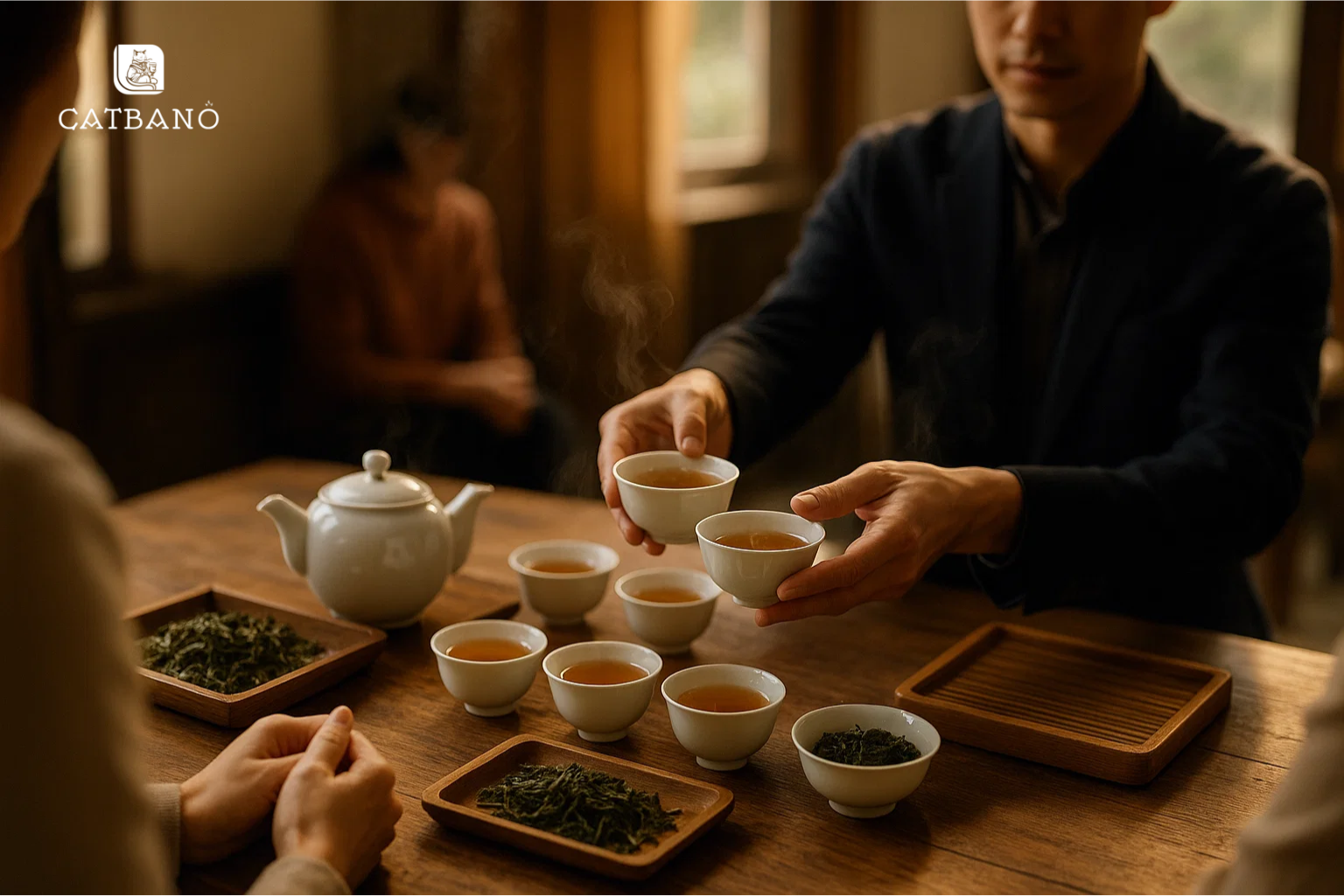 Bộ trà Oolong phục vụ tiếp khách trong buổi thử trà.