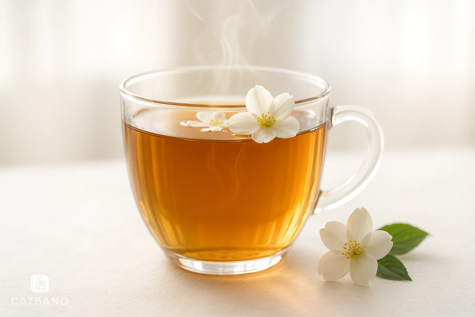 Ly Oolong lài trong suốt, trang trí thêm hoa lài trắng.