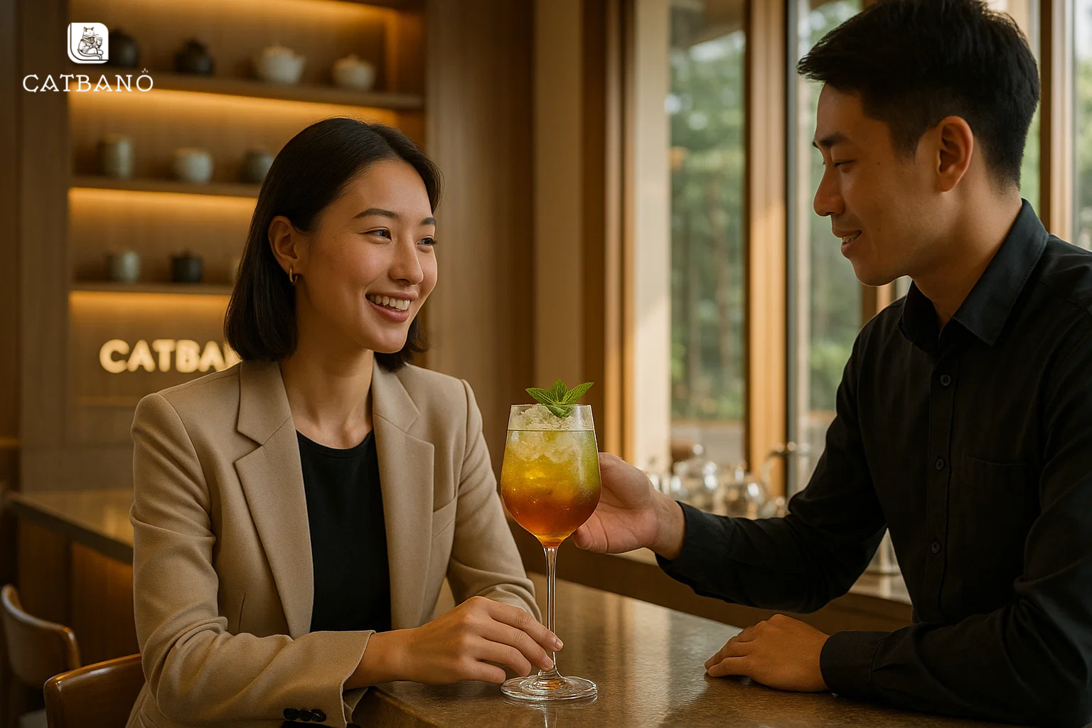 Khách hàng thưởng thức cocktail matcha Oolong tại không gian showroom.