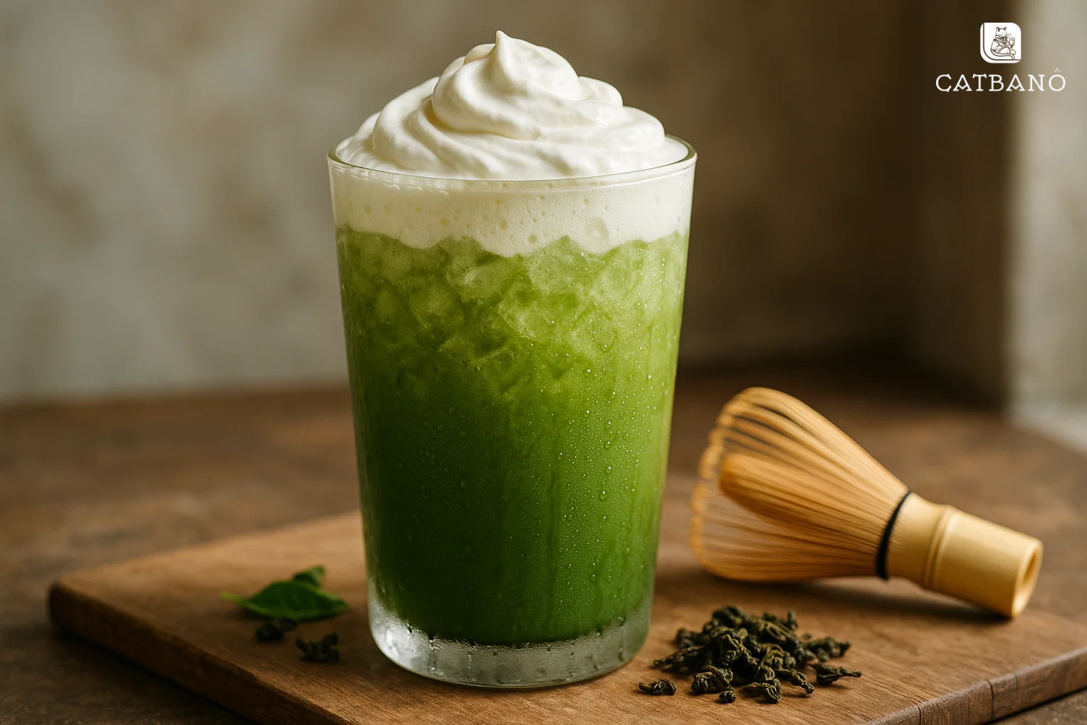 Ly Matcha Oolong đá xay truyền thống với lớp kem tươi trên cùng.