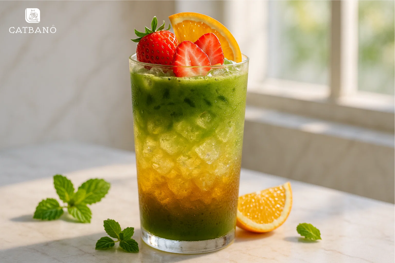 Matcha Oolong đá xay trái cây, trang trí với lát dâu và cam.