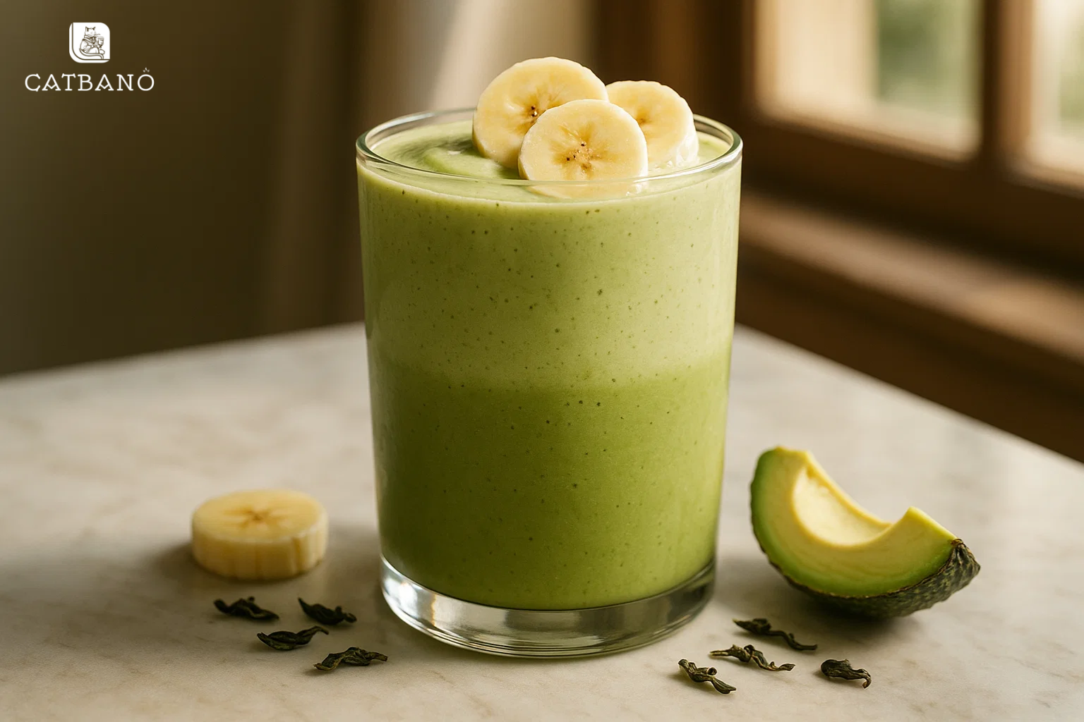 Ly Matcha Oolong Smoothie bơ – chuối, trang trí với vài lát chuối tươi.