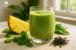 Ly Matcha Oolong Smoothie dứa – cải bó xôi, chụp cùng nguyên liệu xung quanh.