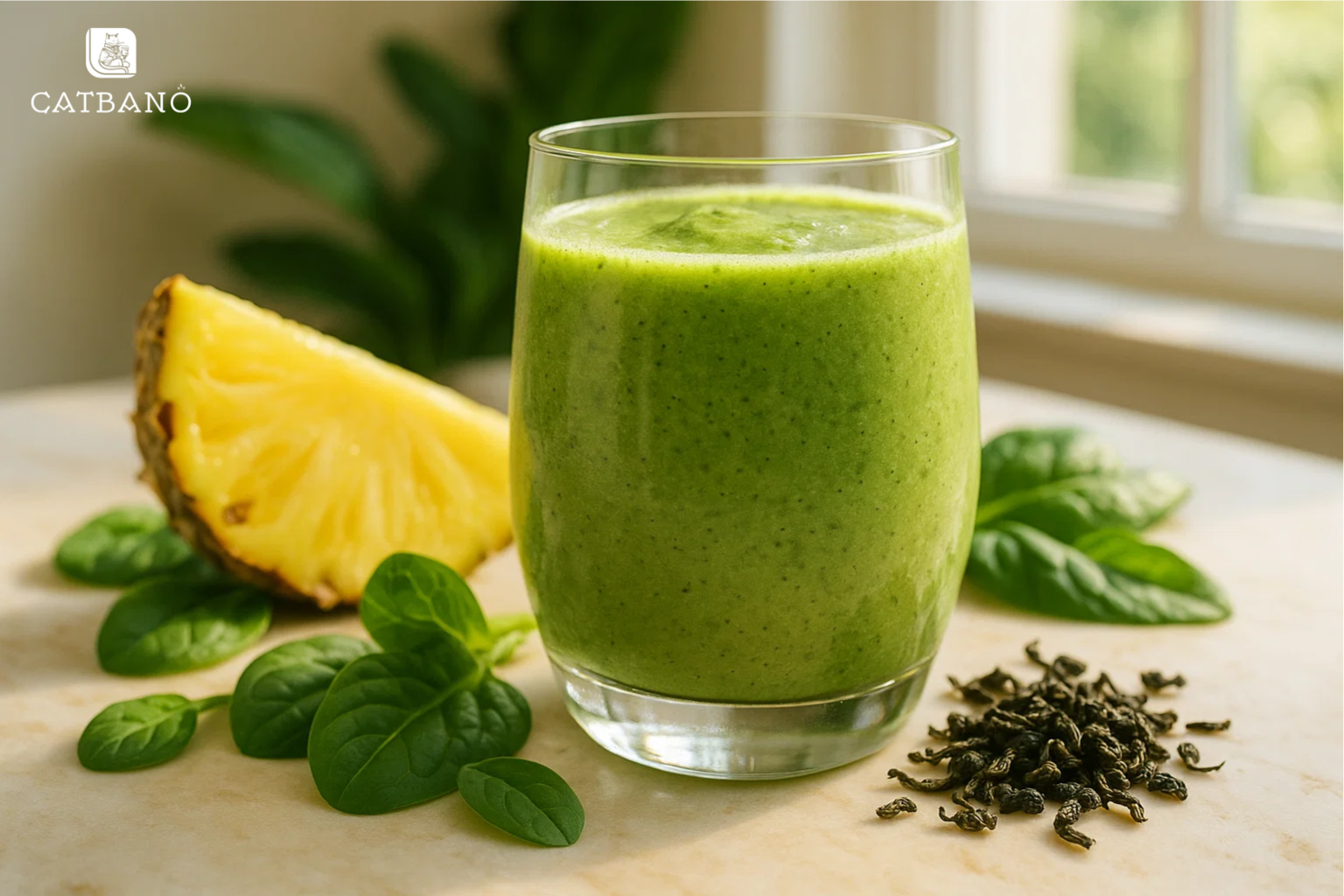 Ly Matcha Oolong Smoothie dứa – cải bó xôi, chụp cùng nguyên liệu xung quanh.