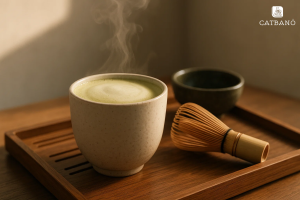 Một ly Matcha Oolong Latte nóng, có lớp bọt mịn, đặt cạnh chasen và chén trà.