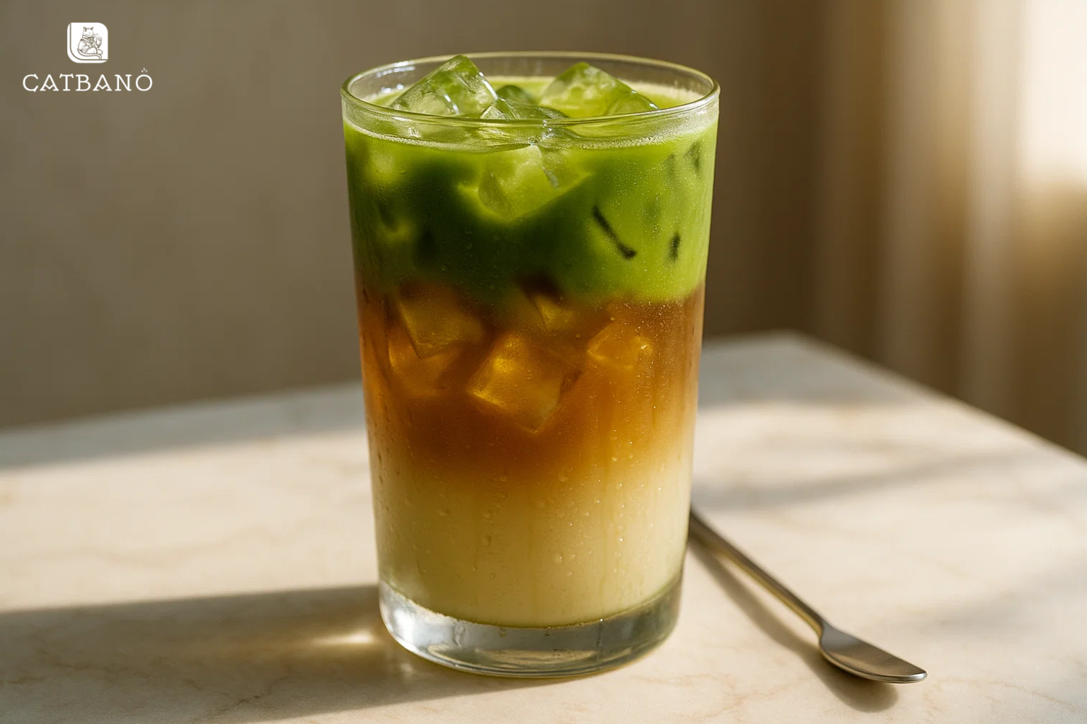 Matcha Oolong Latte lạnh trong ly thủy tinh cao, nhiều đá, tạo hiệu ứng phân tầng đẹp mắt