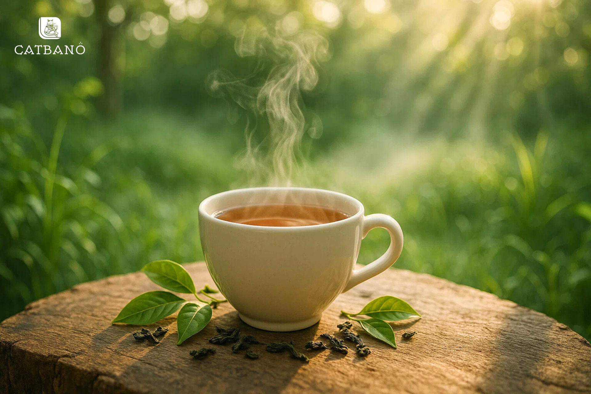 Tách trà Oolong bốc khói trong cảnh thiên nhiên tươi xanh, nhấn mạnh sức khỏe tổng thể và thanh lọc cơ thể.