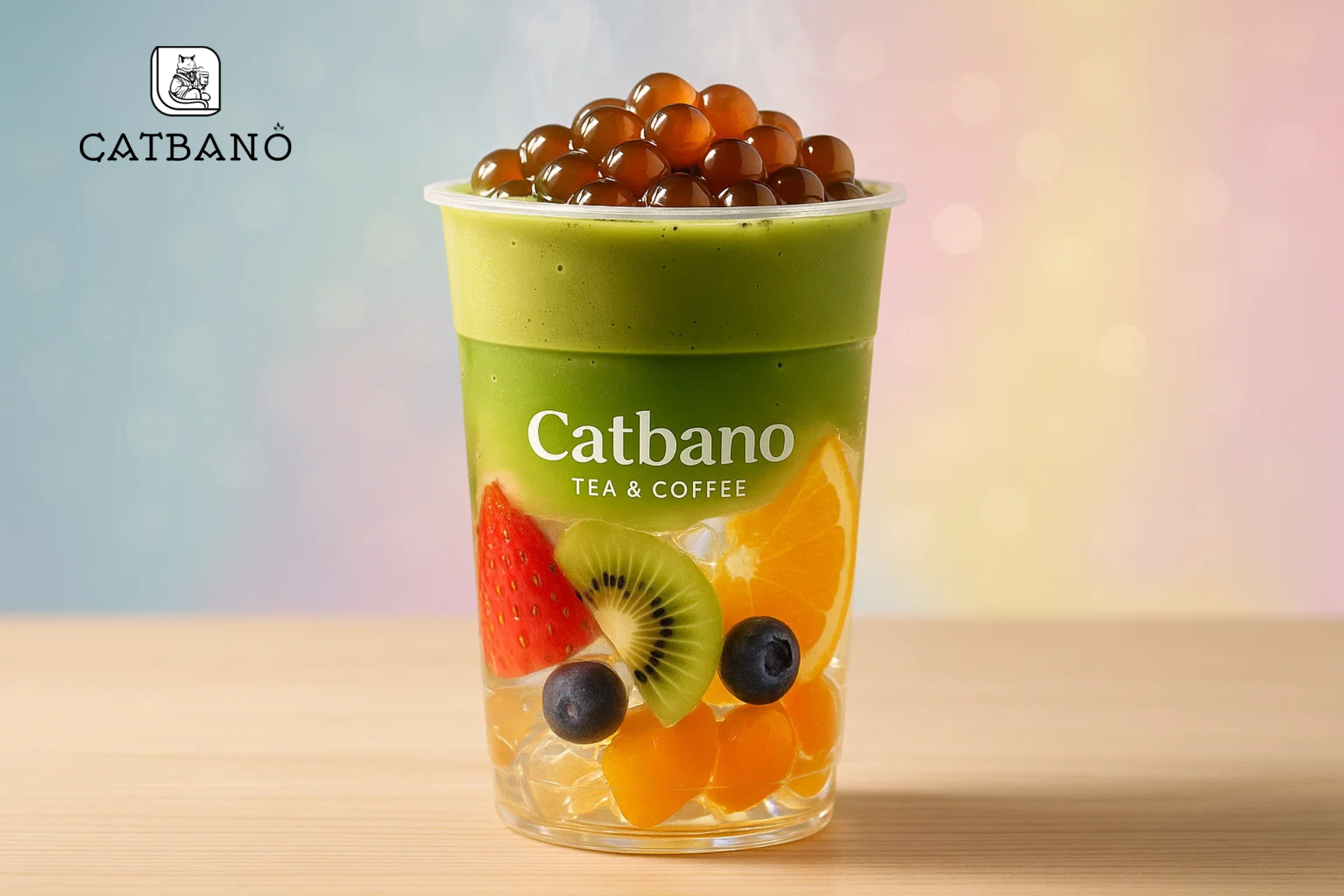 Trà Sữa Matcha Oolong Hoa Quả với trái cây tươi nhiều màu, tạo cảm giác sảng khoái.