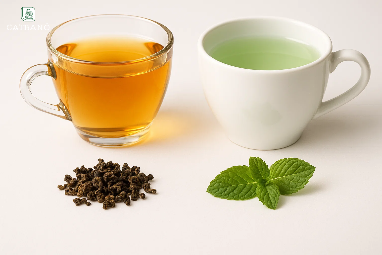 Tách trà Oolong (vàng hổ phách) và tách trà bạc hà (xanh nhạt) đặt cạnh nhau.