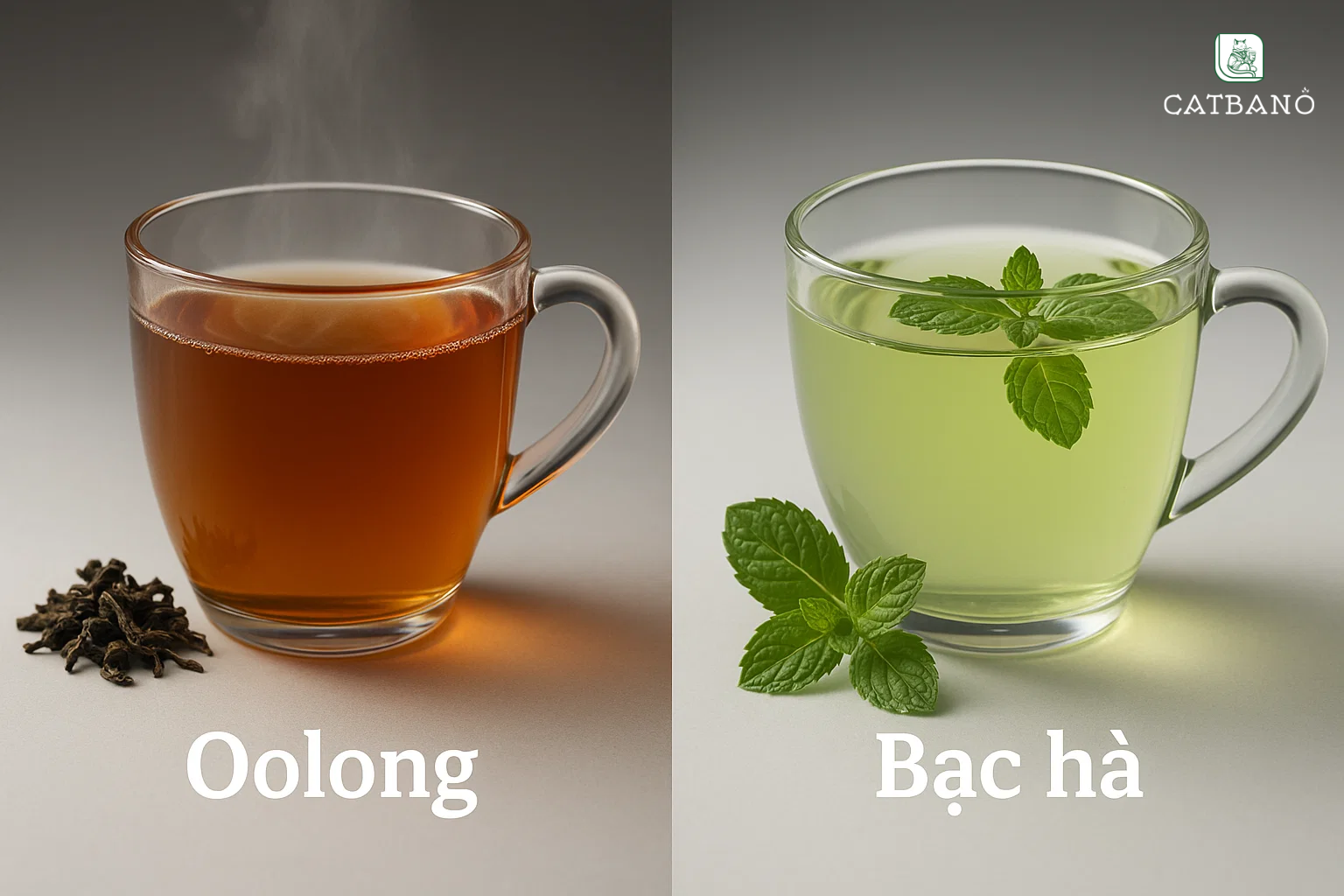 So sánh trực quan: một bên Oolong đậm màu, một bên bạc hà xanh mát.